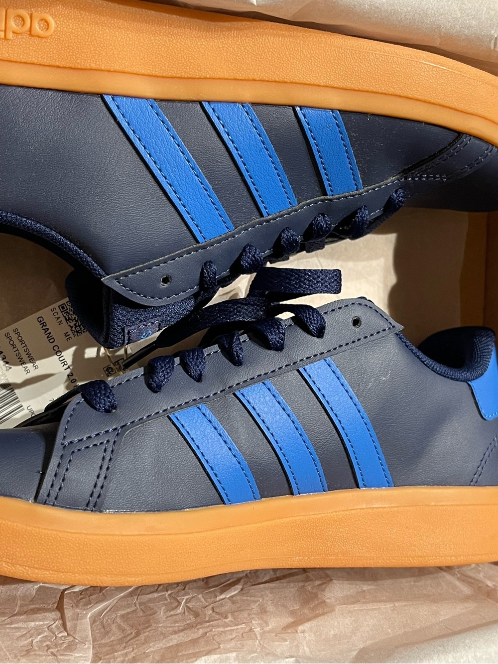 adidas Navy Sneakers with Bright Blue Stripes and Gum Sole